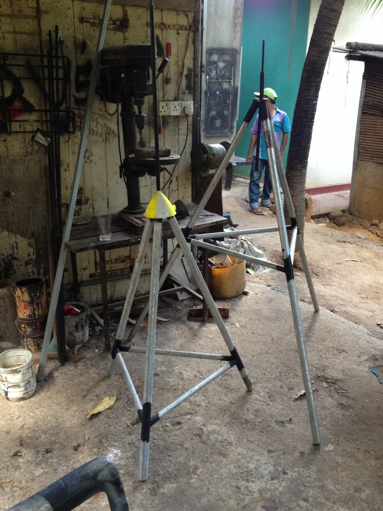 Two sample datum towers constructed by the welder.  These will be used to map artifacts. Photo by Staci Willis.