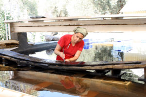 Rebecca Ingram cataloging a small plank from seventh-century merchantman YK 11; through the use of detachable, custom-built molds, timbers retain their original form while being cataloged just above the waterline in the freshwater storage tanks. (Photo: INA). REF4810