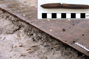 YRegularly-spaced, intact coaks in the edge of one of YK 14’s hull planks during dismantling. The inset photograph shows a typical intact coak removed from a hull plank. (Photo: INA). REF4819