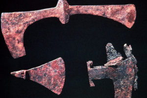 Several axes from the shipwreck’s collection of repair tools. (Photo: INA, Slide# GW-2255). REF4379