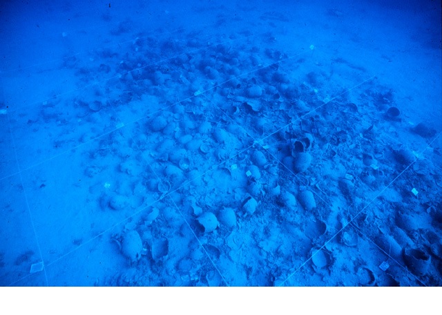 Overall view of the Bozburun shipwreck site in Turkey prior to excavation. Nearly all the amphora on board were carrying wine at the time the vessel sank. (Photo: INA, BK86.03).